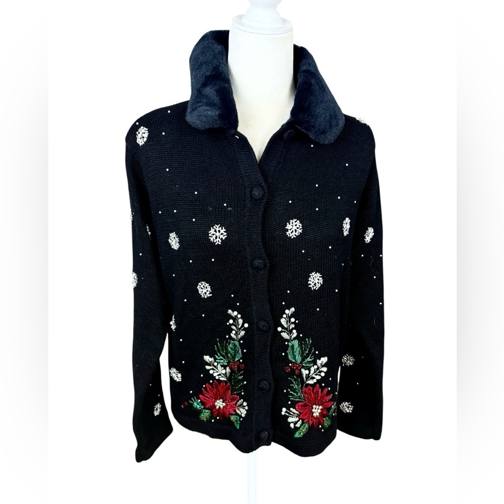 Victoria Jones Sweater Womens Size P/M Black Wool Fur Collar Christmas Cardigan
